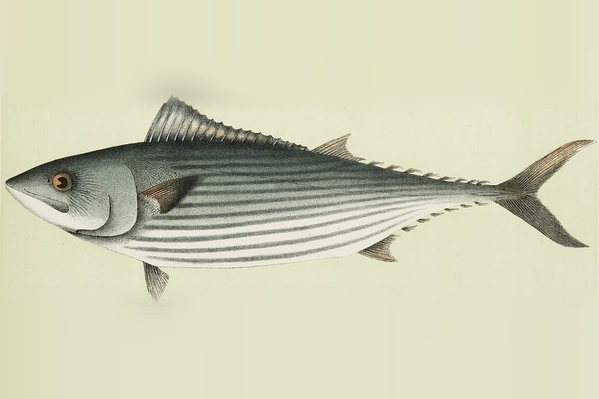 Illustration of an Australian bonito (Sarda australis) side-on, from McCoy's Prodromus of the Zoology of Victoria